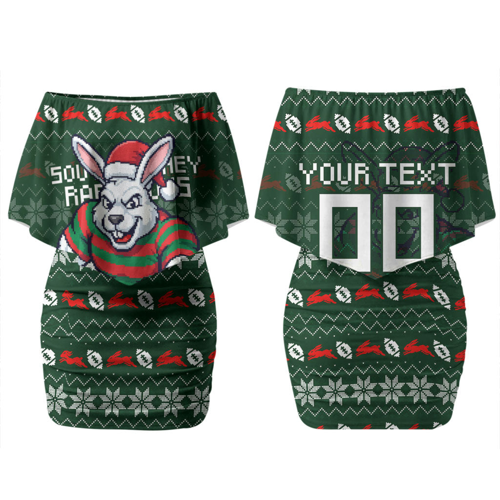 Personalized South Sydney Rabbitohs Christmas Couples Matching Off Shoulder Short Dress and Long Sleeve Button Shirt Australian Rugby Fans - Pixelated Ugly Xmas Pattern Mascot Santa