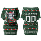 Personalized South Sydney Rabbitohs Christmas Couples Matching Off Shoulder Short Dress and Long Sleeve Button Shirt Australian Rugby Fans - Pixelated Ugly Xmas Pattern Mascot Santa