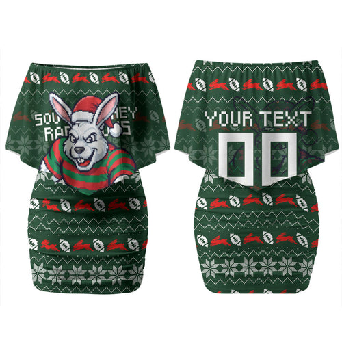 Personalized South Sydney Rabbitohs Christmas Couples Matching Off Shoulder Short Dress and Long Sleeve Button Shirt Australian Rugby Fans - Pixelated Ugly Xmas Pattern Mascot Santa