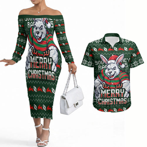 Personalized South Sydney Rabbitohs Christmas Couples Matching Off The Shoulder Long Sleeve Dress and Hawaiian Shirt Australian Rugby Fans - Pixelated Ugly Xmas Pattern Mascot Santa