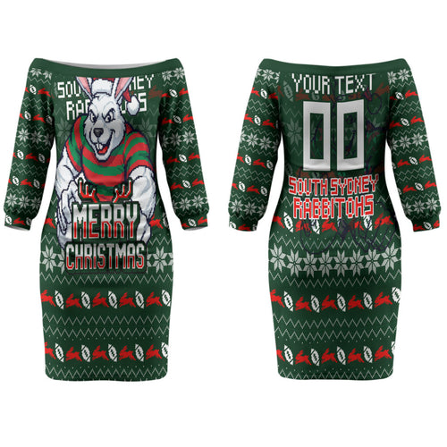 Personalized South Sydney Rabbitohs Christmas Couples Matching Off The Shoulder Long Sleeve Dress and Hawaiian Shirt Australian Rugby Fans - Pixelated Ugly Xmas Pattern Mascot Santa