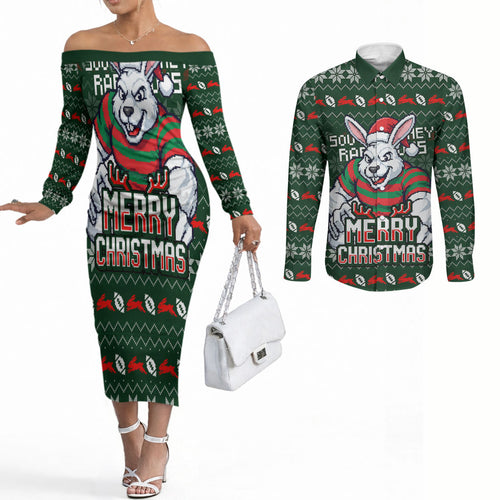 Personalized South Sydney Rabbitohs Christmas Couples Matching Off The Shoulder Long Sleeve Dress and Long Sleeve Button Shirt Australian Rugby Fans - Pixelated Ugly Xmas Pattern Mascot Santa