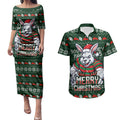 Personalized South Sydney Rabbitohs Christmas Couples Matching Puletasi and Hawaiian Shirt Australian Rugby Fans - Pixelated Ugly Xmas Pattern Mascot Santa