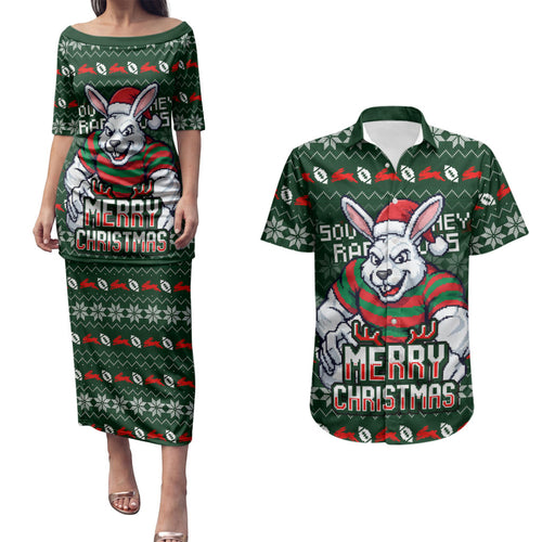 Personalized South Sydney Rabbitohs Christmas Couples Matching Puletasi and Hawaiian Shirt Australian Rugby Fans - Pixelated Ugly Xmas Pattern Mascot Santa