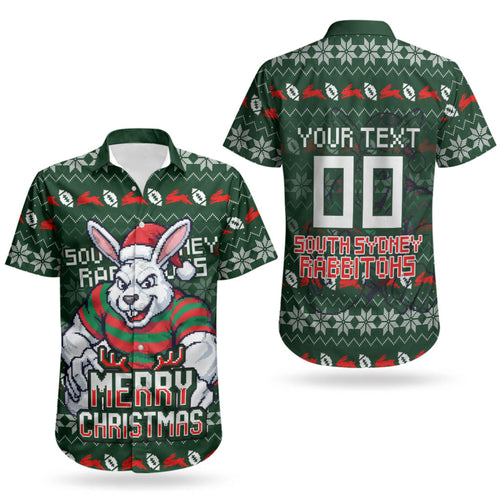 Personalized South Sydney Rabbitohs Christmas Couples Matching Puletasi and Hawaiian Shirt Australian Rugby Fans - Pixelated Ugly Xmas Pattern Mascot Santa