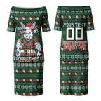 Personalized South Sydney Rabbitohs Christmas Couples Matching Puletasi and Hawaiian Shirt Australian Rugby Fans - Pixelated Ugly Xmas Pattern Mascot Santa