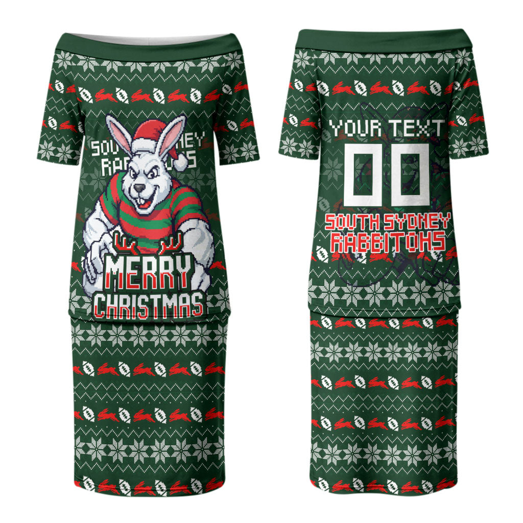 Personalized South Sydney Rabbitohs Christmas Couples Matching Puletasi and Hawaiian Shirt Australian Rugby Fans - Pixelated Ugly Xmas Pattern Mascot Santa