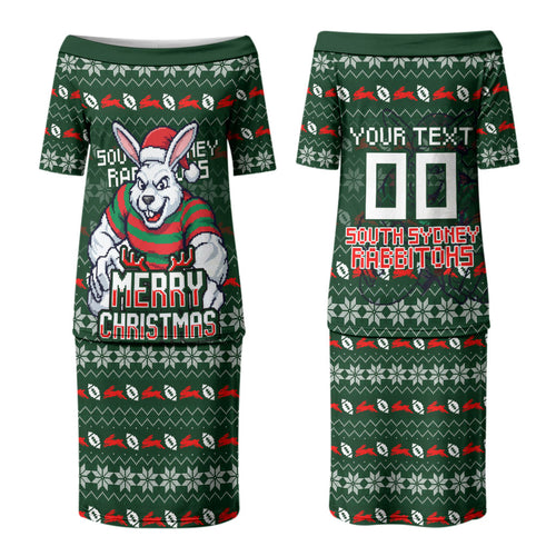 Personalized South Sydney Rabbitohs Christmas Couples Matching Puletasi and Hawaiian Shirt Australian Rugby Fans - Pixelated Ugly Xmas Pattern Mascot Santa