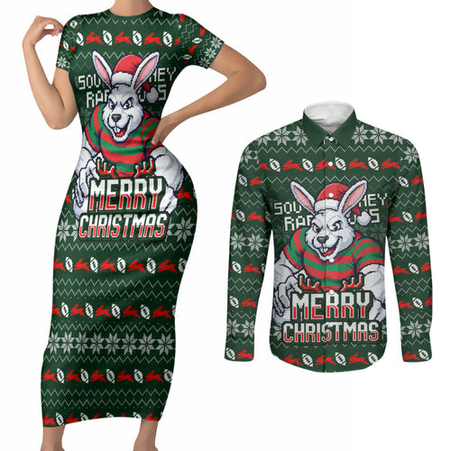 Personalized South Sydney Rabbitohs Christmas Couples Matching Short Sleeve Bodycon Dress and Long Sleeve Button Shirt Australian Rugby Fans - Pixelated Ugly Xmas Pattern Mascot Santa