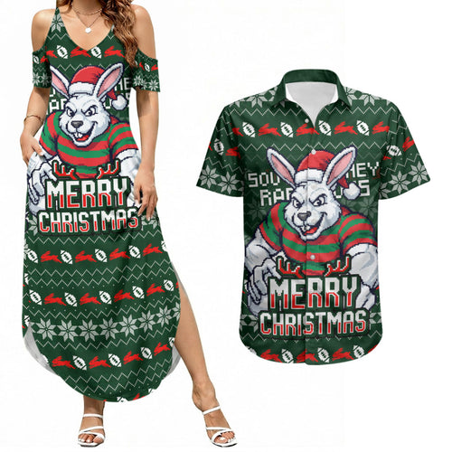 Personalized South Sydney Rabbitohs Christmas Couples Matching Summer Maxi Dress and Hawaiian Shirt Australian Rugby Fans - Pixelated Ugly Xmas Pattern Mascot Santa