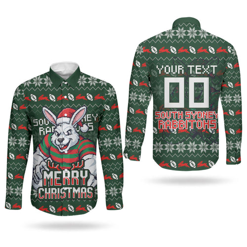 Personalized South Sydney Rabbitohs Christmas Couples Matching Summer Maxi Dress and Long Sleeve Button Shirt Australian Rugby Fans - Pixelated Ugly Xmas Pattern Mascot Santa