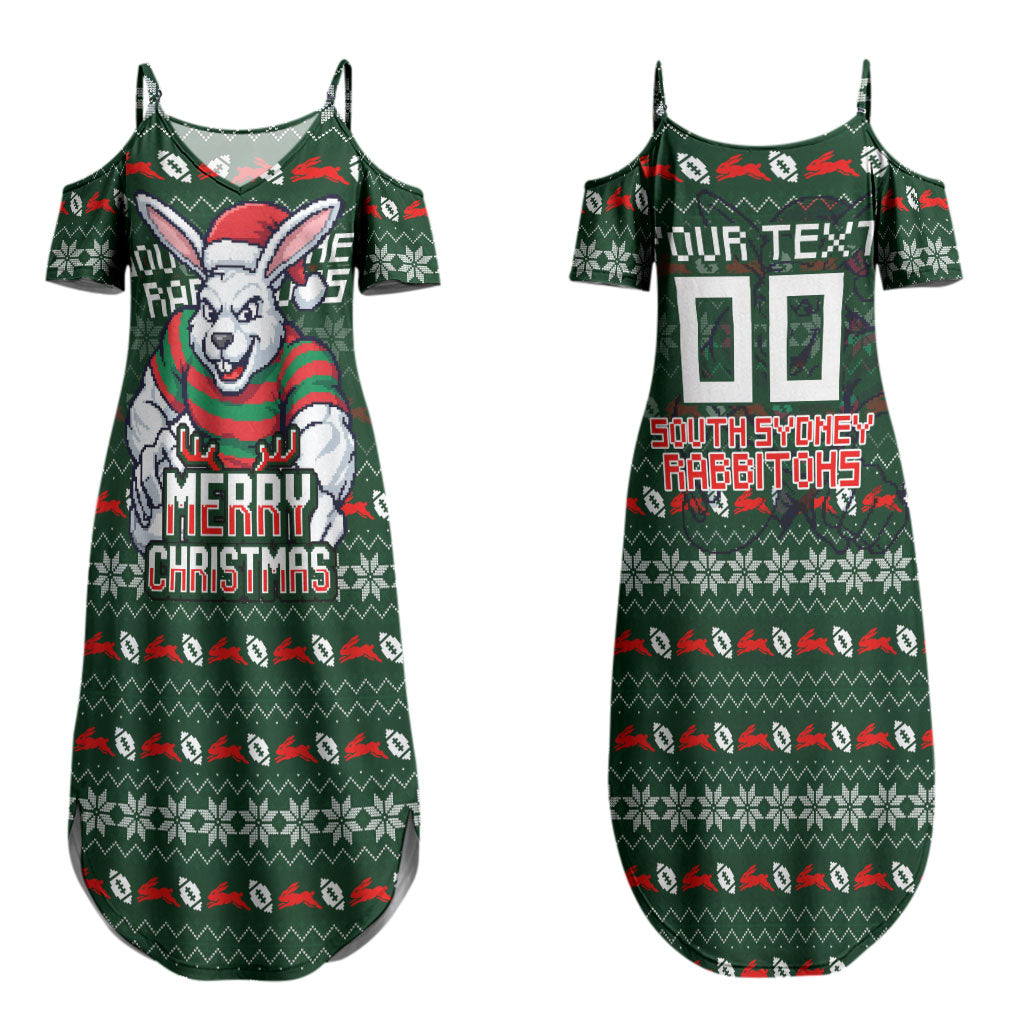 Personalized South Sydney Rabbitohs Christmas Couples Matching Summer Maxi Dress and Long Sleeve Button Shirt Australian Rugby Fans - Pixelated Ugly Xmas Pattern Mascot Santa