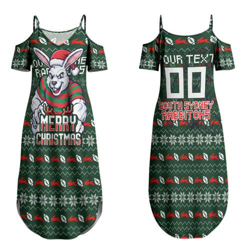 Personalized South Sydney Rabbitohs Christmas Couples Matching Summer Maxi Dress and Long Sleeve Button Shirt Australian Rugby Fans - Pixelated Ugly Xmas Pattern Mascot Santa