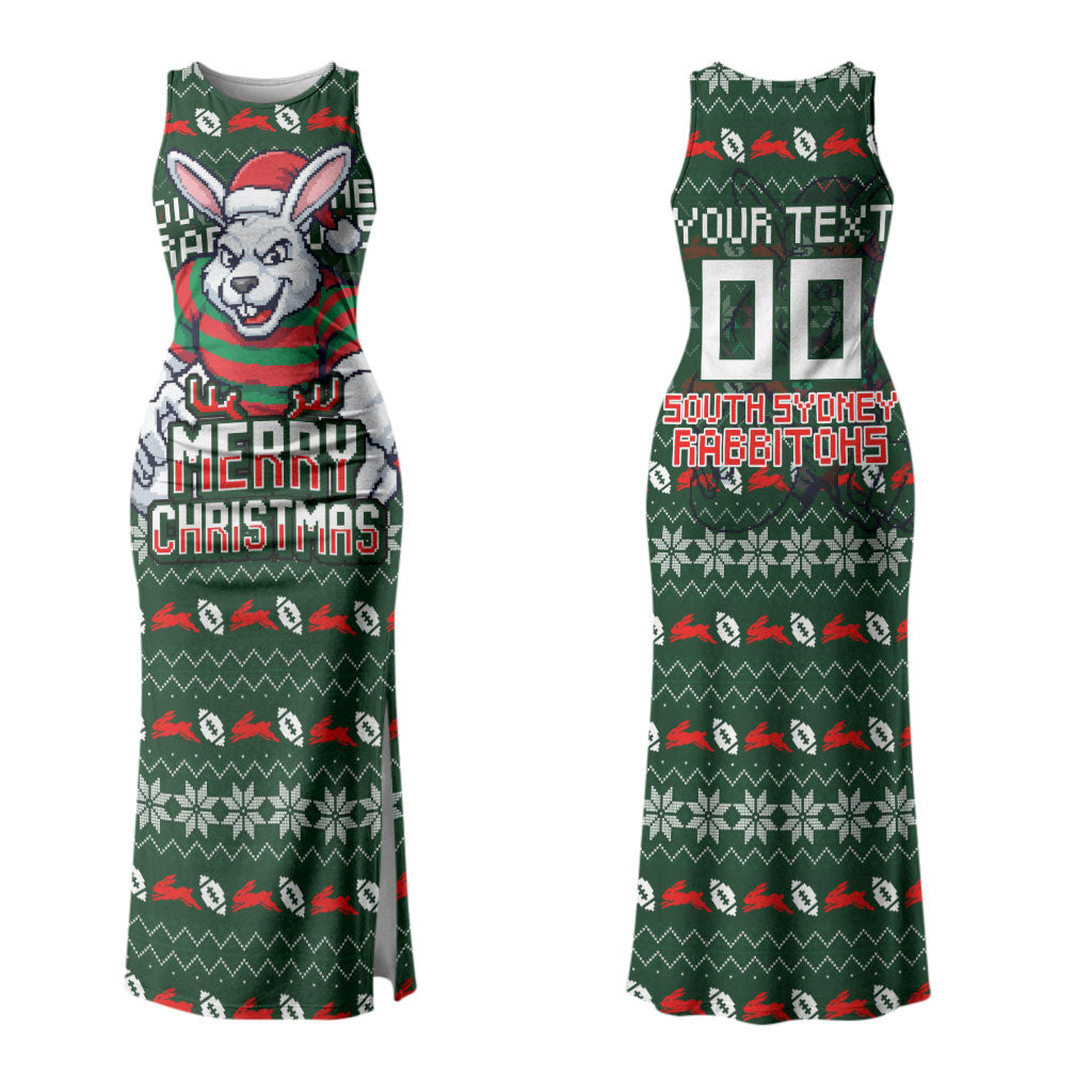 Personalized South Sydney Rabbitohs Christmas Couples Matching Tank Maxi Dress and Hawaiian Shirt Australian Rugby Fans - Pixelated Ugly Xmas Pattern Mascot Santa