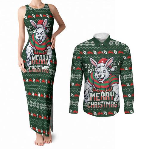 Personalized South Sydney Rabbitohs Christmas Couples Matching Tank Maxi Dress and Long Sleeve Button Shirt Australian Rugby Fans - Pixelated Ugly Xmas Pattern Mascot Santa