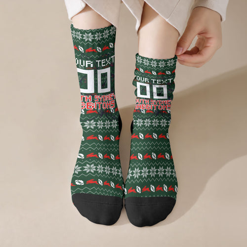 Personalized South Sydney Rabbitohs Christmas Crew Socks Australian Rugby Fans - Pixelated Ugly Xmas Pattern Mascot Santa