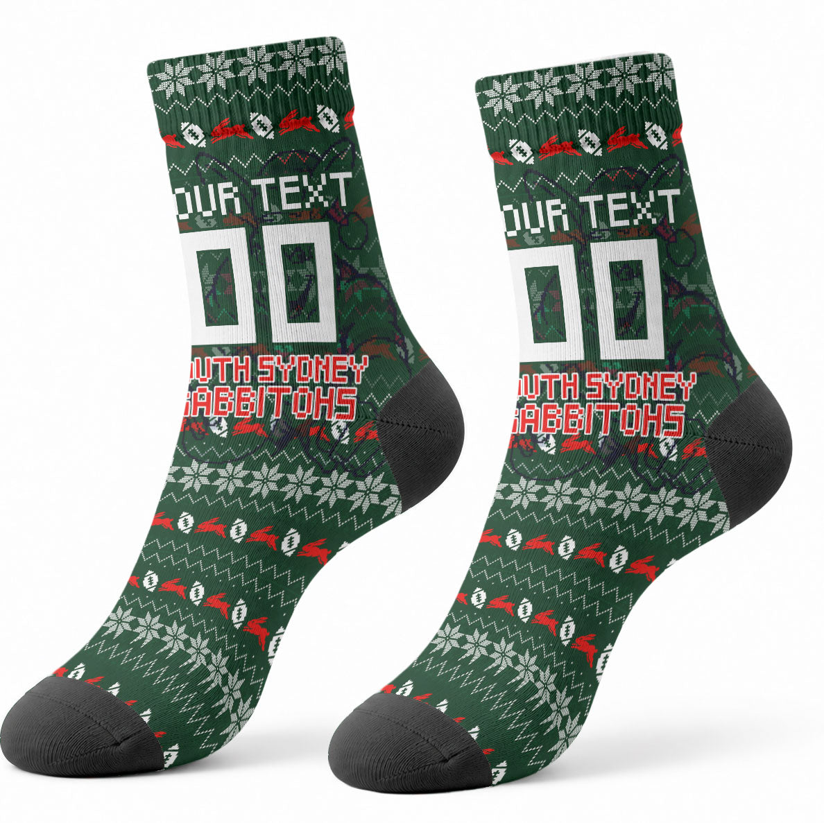 Personalized South Sydney Rabbitohs Christmas Crew Socks Australian Rugby Fans - Pixelated Ugly Xmas Pattern Mascot Santa