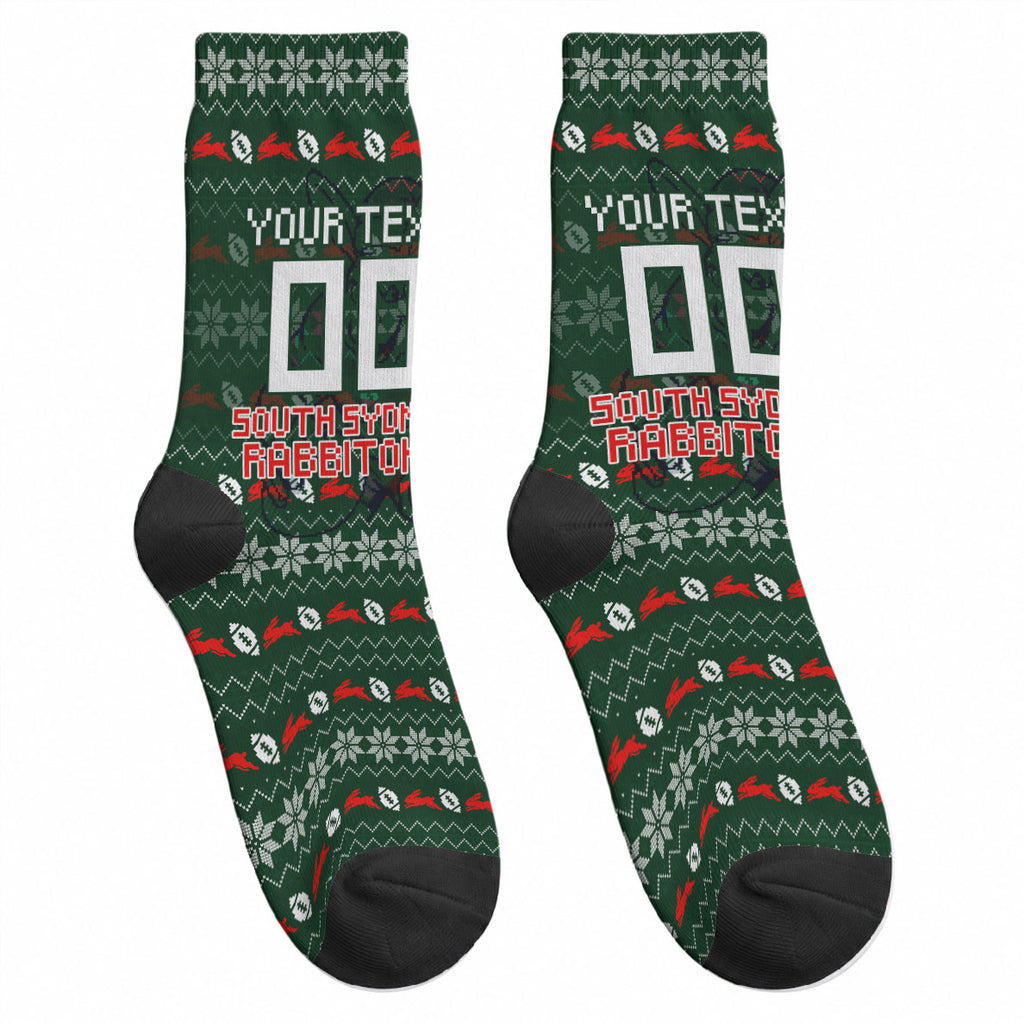 Personalized South Sydney Rabbitohs Christmas Crew Socks Australian Rugby Fans - Pixelated Ugly Xmas Pattern Mascot Santa