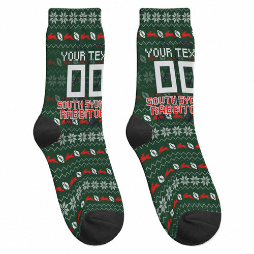 Personalized South Sydney Rabbitohs Christmas Crew Socks Australian Rugby Fans - Pixelated Ugly Xmas Pattern Mascot Santa