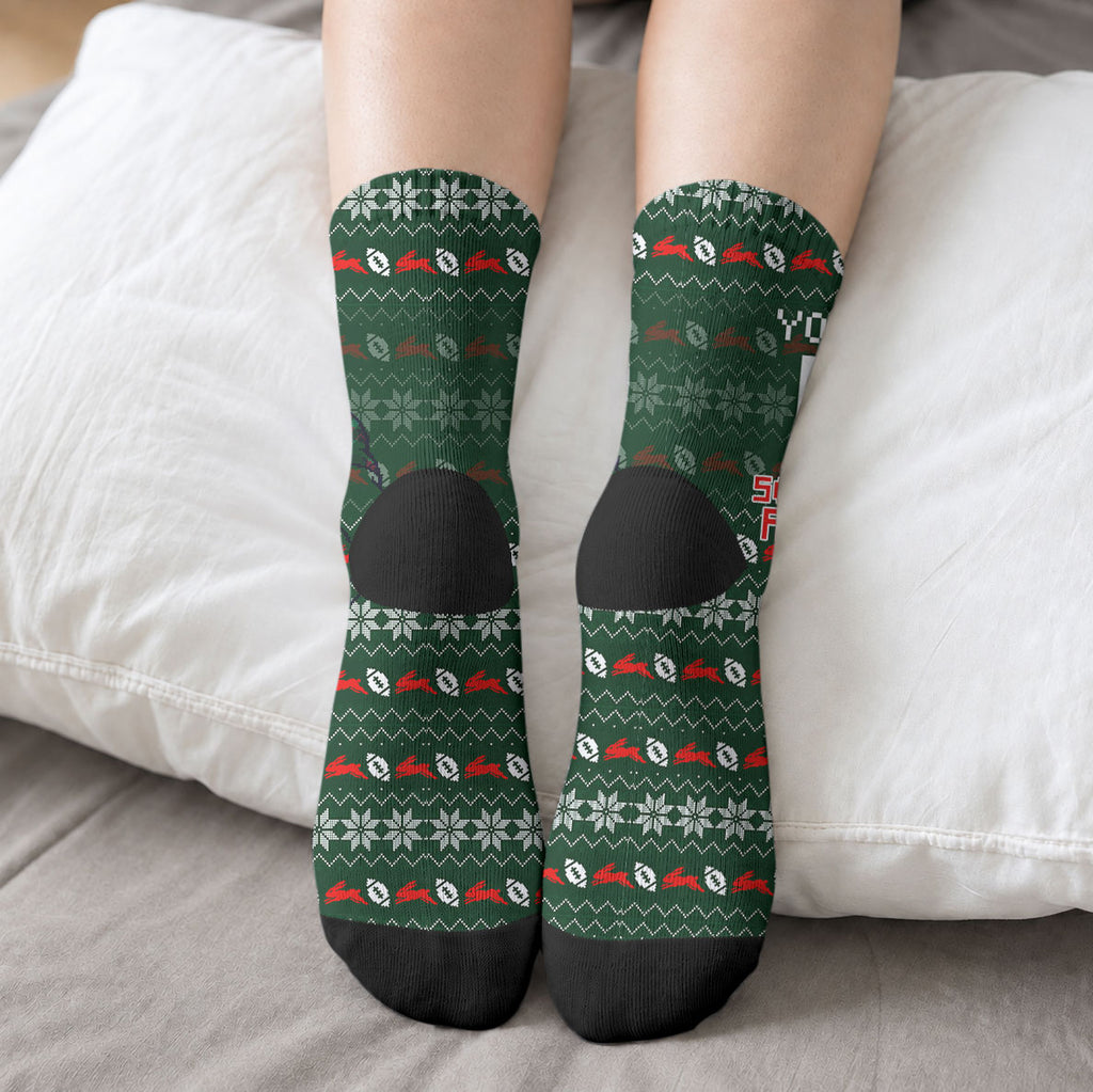 Personalized South Sydney Rabbitohs Christmas Crew Socks Australian Rugby Fans - Pixelated Ugly Xmas Pattern Mascot Santa