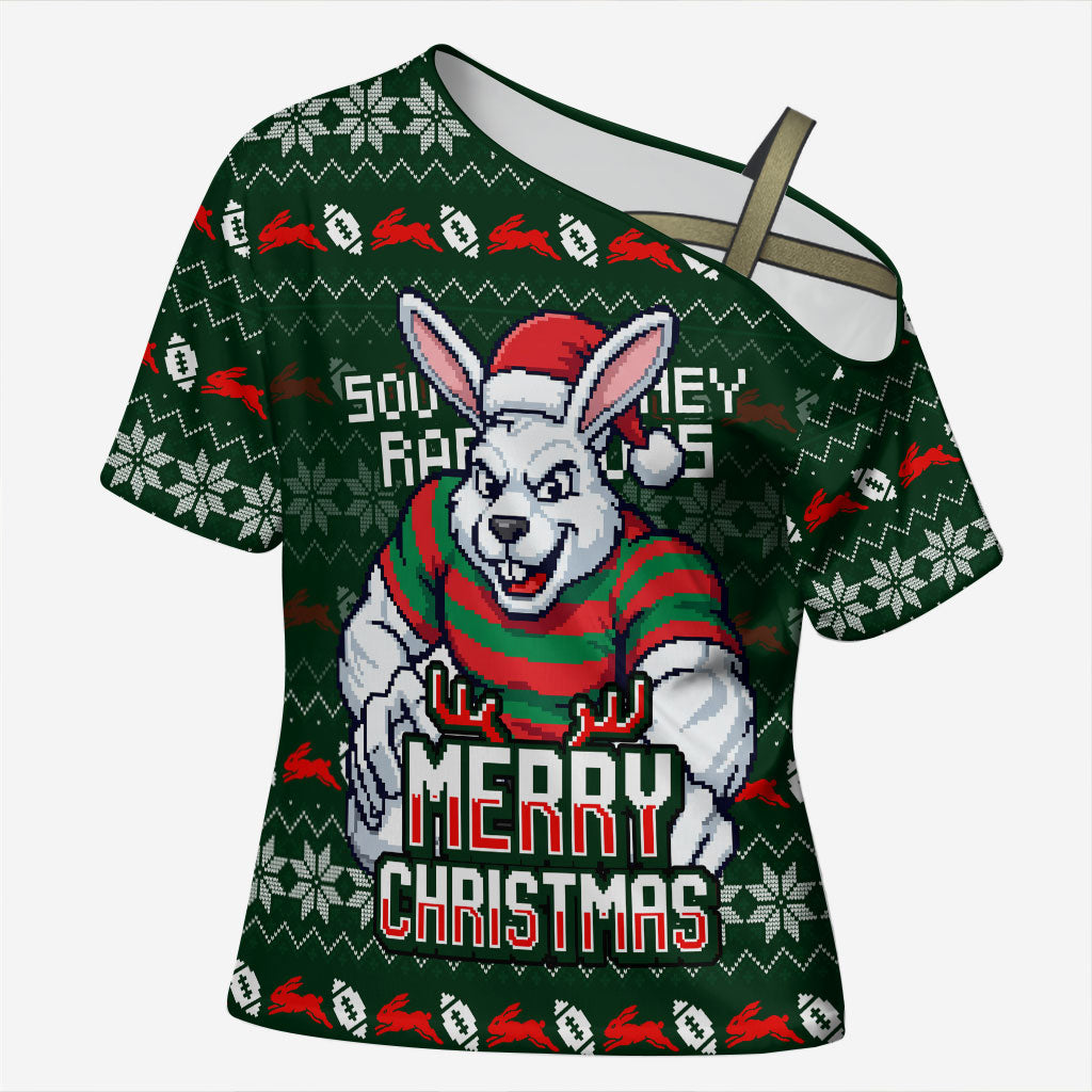 Personalized South Sydney Rabbitohs Christmas Cross Shoulder Shirt Australian Rugby Fans - Pixelated Ugly Xmas Pattern Mascot Santa
