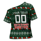 Personalized South Sydney Rabbitohs Christmas Cross Shoulder Shirt Australian Rugby Fans - Pixelated Ugly Xmas Pattern Mascot Santa
