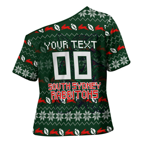 Personalized South Sydney Rabbitohs Christmas Cross Shoulder Shirt Australian Rugby Fans - Pixelated Ugly Xmas Pattern Mascot Santa