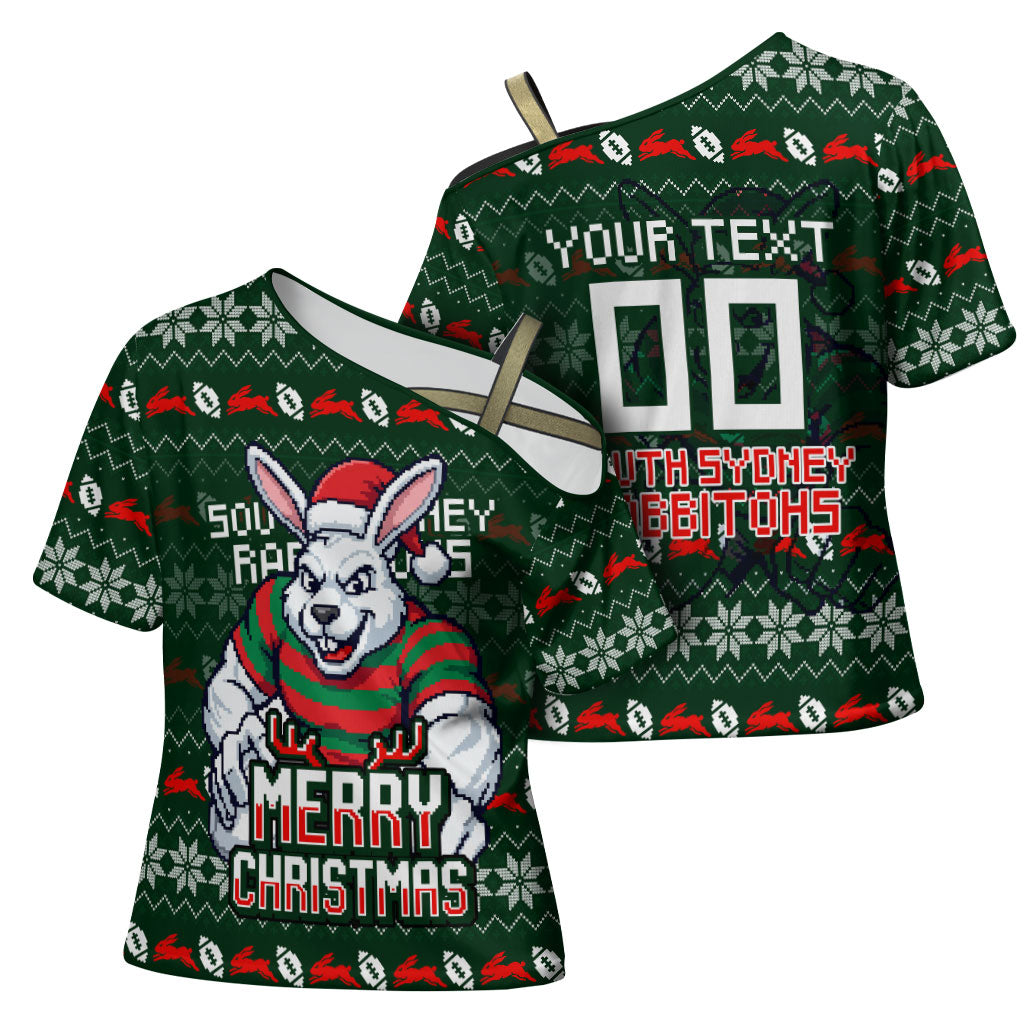 Personalized South Sydney Rabbitohs Christmas Cross Shoulder Shirt Australian Rugby Fans - Pixelated Ugly Xmas Pattern Mascot Santa