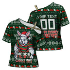 Personalized South Sydney Rabbitohs Christmas Cross Shoulder Shirt Australian Rugby Fans - Pixelated Ugly Xmas Pattern Mascot Santa