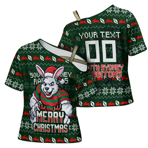 Personalized South Sydney Rabbitohs Christmas Cross Shoulder Shirt Australian Rugby Fans - Pixelated Ugly Xmas Pattern Mascot Santa