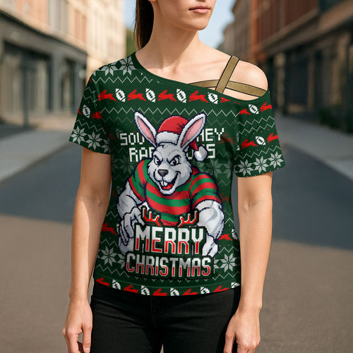 Personalized South Sydney Rabbitohs Christmas Cross Shoulder Shirt Australian Rugby Fans - Pixelated Ugly Xmas Pattern Mascot Santa