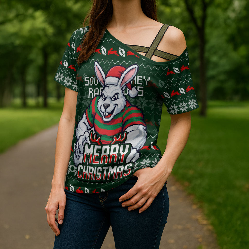 Personalized South Sydney Rabbitohs Christmas Cross Shoulder Shirt Australian Rugby Fans - Pixelated Ugly Xmas Pattern Mascot Santa
