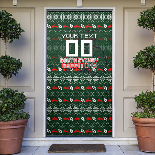 Personalized South Sydney Rabbitohs Christmas Door Cover Australian Rugby Fans - Pixelated Ugly Xmas Pattern Mascot Santa