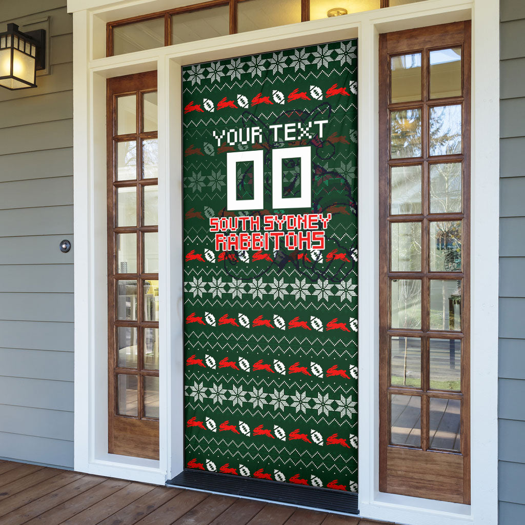 Personalized South Sydney Rabbitohs Christmas Door Cover Australian Rugby Fans - Pixelated Ugly Xmas Pattern Mascot Santa