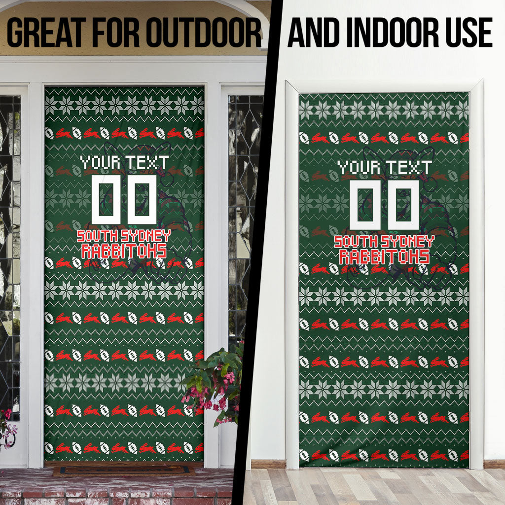 Personalized South Sydney Rabbitohs Christmas Door Cover Australian Rugby Fans - Pixelated Ugly Xmas Pattern Mascot Santa