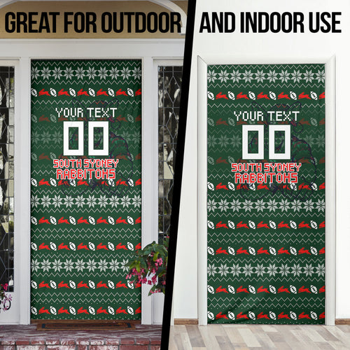 Personalized South Sydney Rabbitohs Christmas Door Cover Australian Rugby Fans - Pixelated Ugly Xmas Pattern Mascot Santa