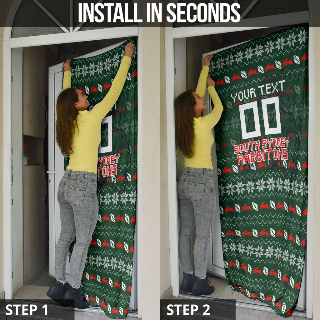 Personalized South Sydney Rabbitohs Christmas Door Cover Australian Rugby Fans - Pixelated Ugly Xmas Pattern Mascot Santa