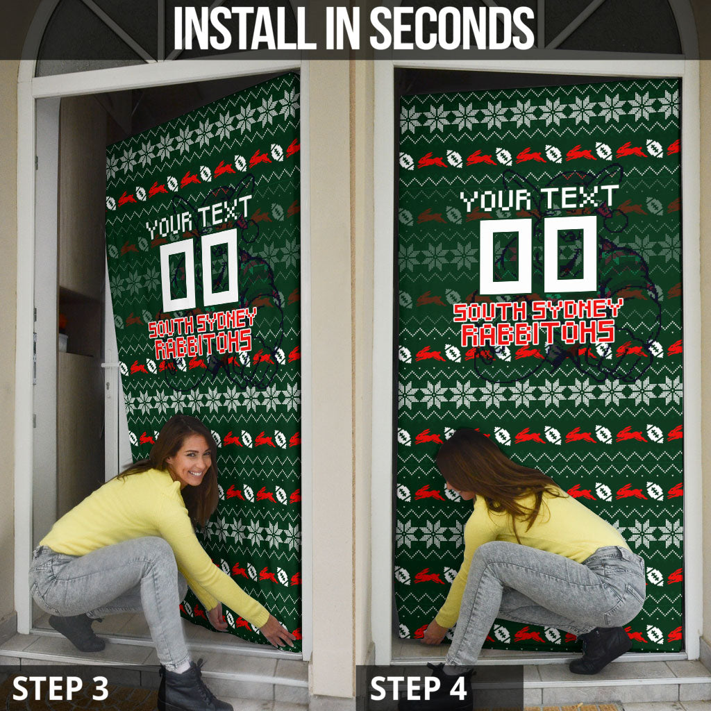 Personalized South Sydney Rabbitohs Christmas Door Cover Australian Rugby Fans - Pixelated Ugly Xmas Pattern Mascot Santa