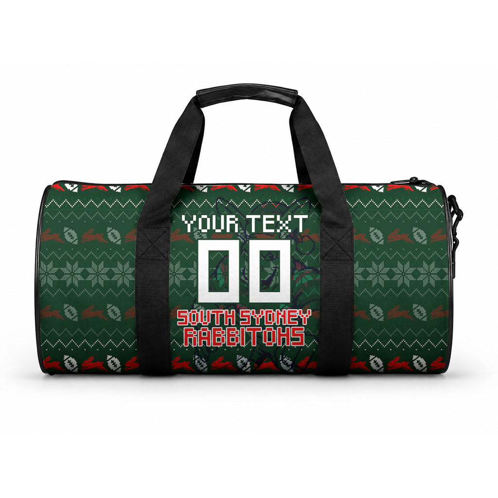 Personalized South Sydney Rabbitohs Christmas Duffle Bag Australian Rugby Fans - Pixelated Ugly Xmas Pattern Mascot Santa
