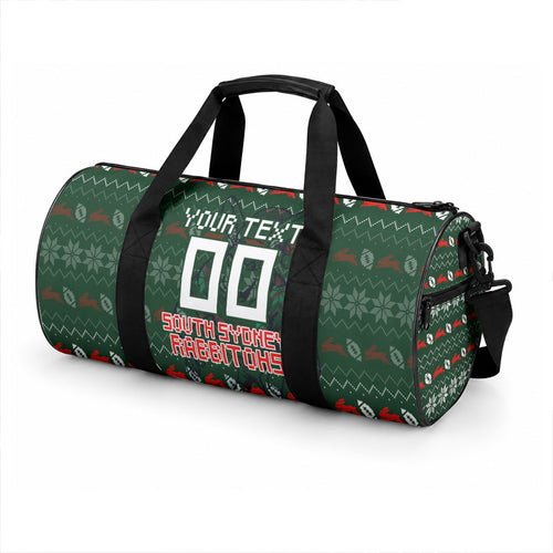 Personalized South Sydney Rabbitohs Christmas Duffle Bag Australian Rugby Fans - Pixelated Ugly Xmas Pattern Mascot Santa