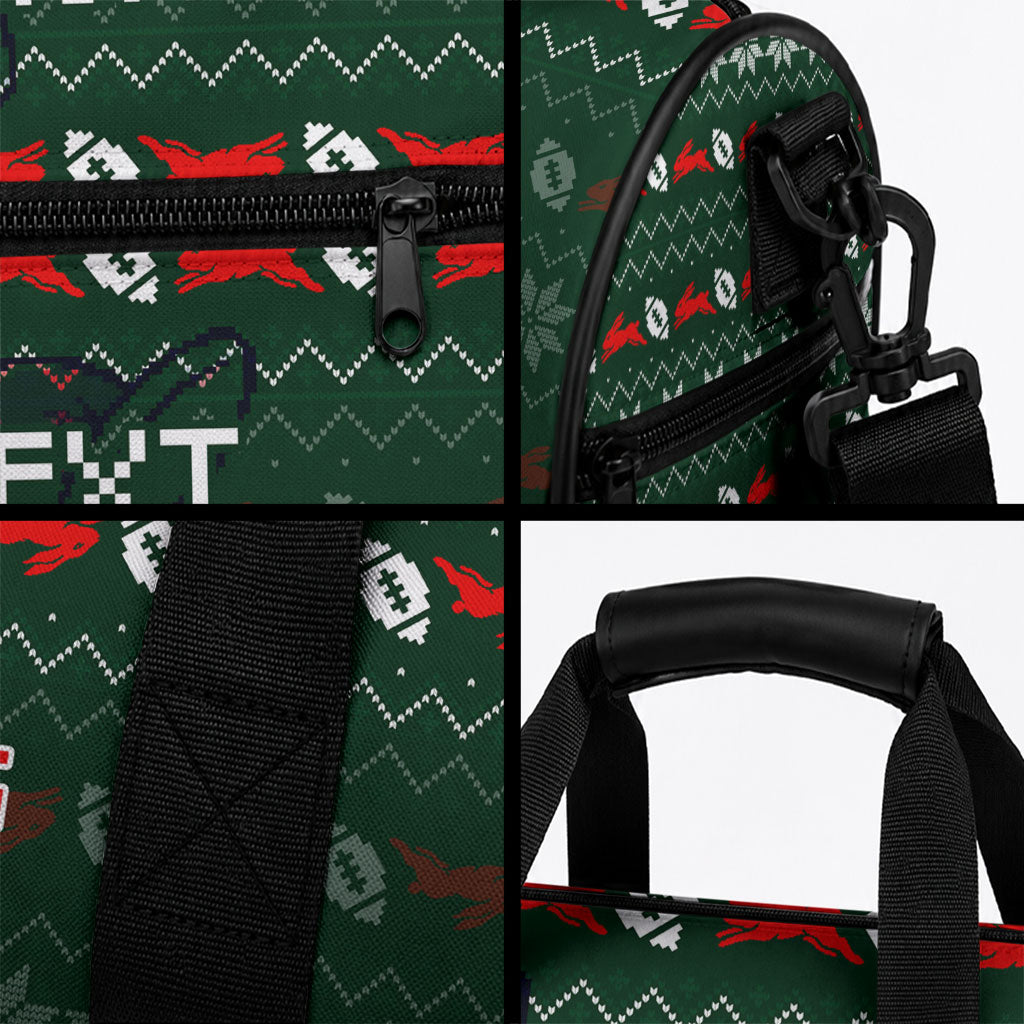 Personalized South Sydney Rabbitohs Christmas Duffle Bag Australian Rugby Fans - Pixelated Ugly Xmas Pattern Mascot Santa