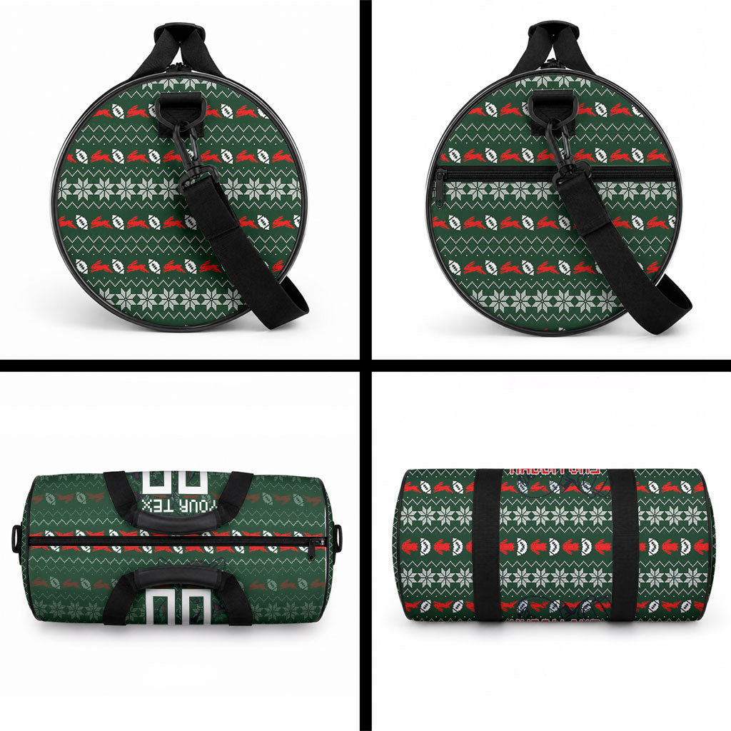 Personalized South Sydney Rabbitohs Christmas Duffle Bag Australian Rugby Fans - Pixelated Ugly Xmas Pattern Mascot Santa