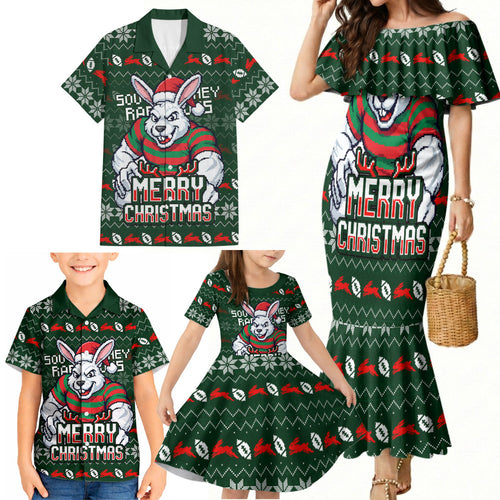 Personalized South Sydney Rabbitohs Christmas Family Matching Mermaid Dress and Hawaiian Shirt Australian Rugby Fans - Pixelated Ugly Xmas Pattern Mascot Santa