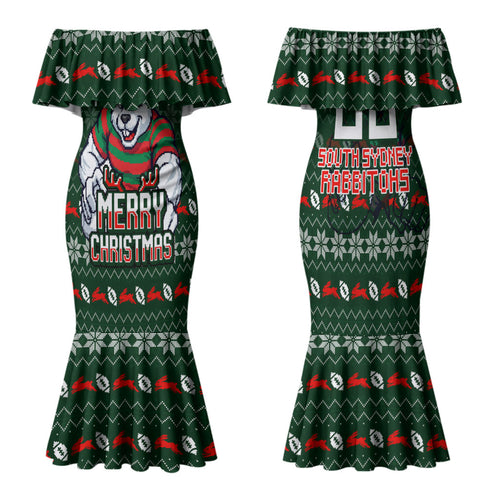 Personalized South Sydney Rabbitohs Christmas Family Matching Mermaid Dress and Hawaiian Shirt Australian Rugby Fans - Pixelated Ugly Xmas Pattern Mascot Santa