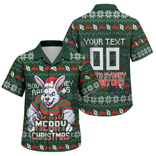 Personalized South Sydney Rabbitohs Christmas Family Matching Mermaid Dress and Hawaiian Shirt Australian Rugby Fans - Pixelated Ugly Xmas Pattern Mascot Santa