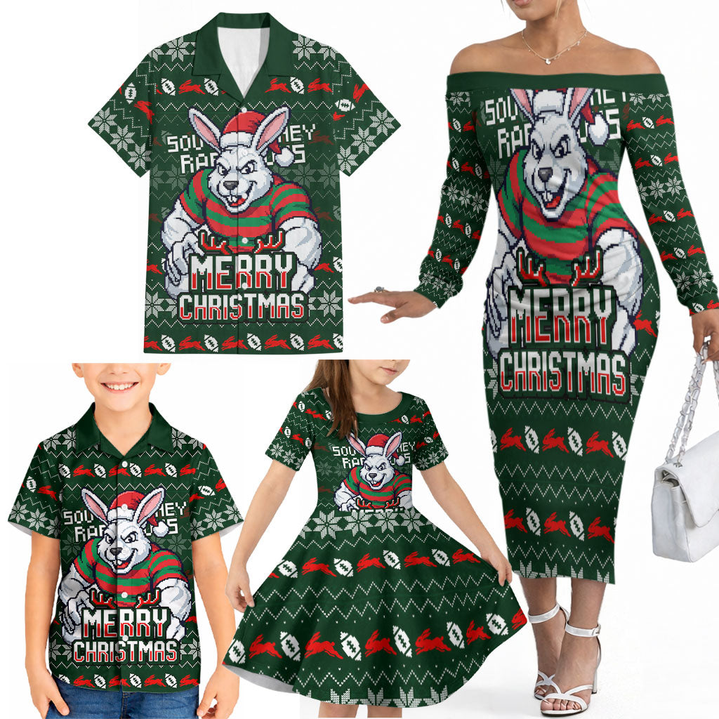 Personalized South Sydney Rabbitohs Christmas Family Matching Off The Shoulder Long Sleeve Dress and Hawaiian Shirt Australian Rugby Fans - Pixelated Ugly Xmas Pattern Mascot Santa