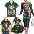 Personalized South Sydney Rabbitohs Christmas Family Matching Off The Shoulder Long Sleeve Dress and Hawaiian Shirt Australian Rugby Fans - Pixelated Ugly Xmas Pattern Mascot Santa