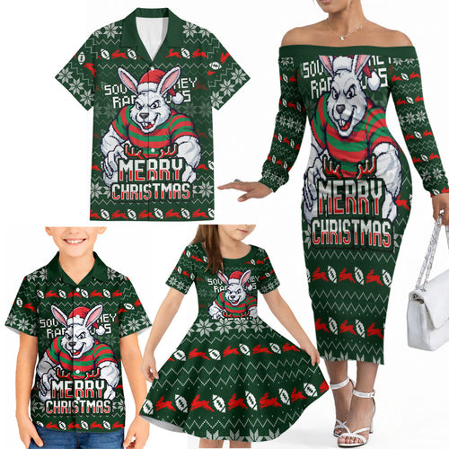 Personalized South Sydney Rabbitohs Christmas Family Matching Off The Shoulder Long Sleeve Dress and Hawaiian Shirt Australian Rugby Fans - Pixelated Ugly Xmas Pattern Mascot Santa