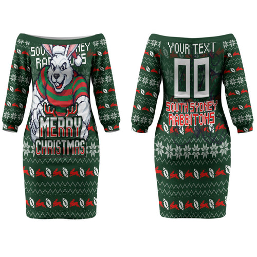 Personalized South Sydney Rabbitohs Christmas Family Matching Off The Shoulder Long Sleeve Dress and Hawaiian Shirt Australian Rugby Fans - Pixelated Ugly Xmas Pattern Mascot Santa