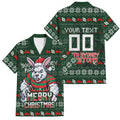 Personalized South Sydney Rabbitohs Christmas Family Matching Off The Shoulder Long Sleeve Dress and Hawaiian Shirt Australian Rugby Fans - Pixelated Ugly Xmas Pattern Mascot Santa